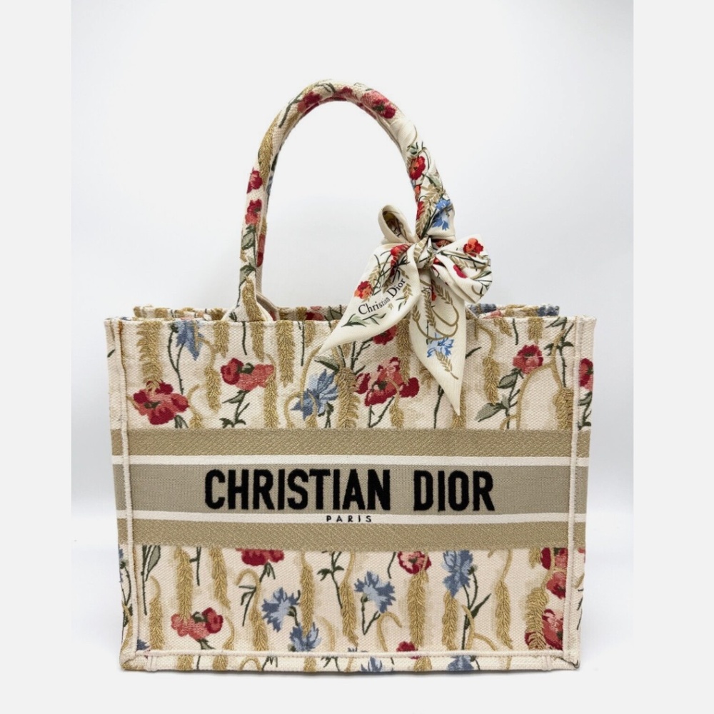 CHRISTIAN DIOR Embroidered Hibiscus Medium Book Tote w/ Dior Mitzah